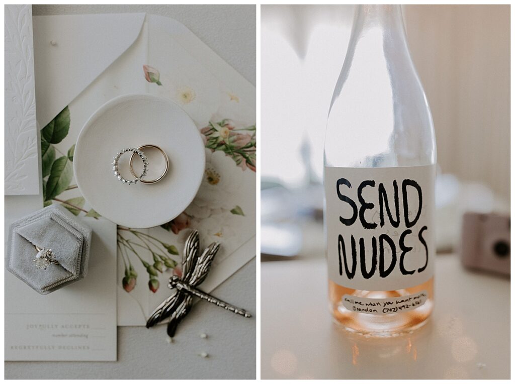 Flatlay with wedding rings/wine bottle