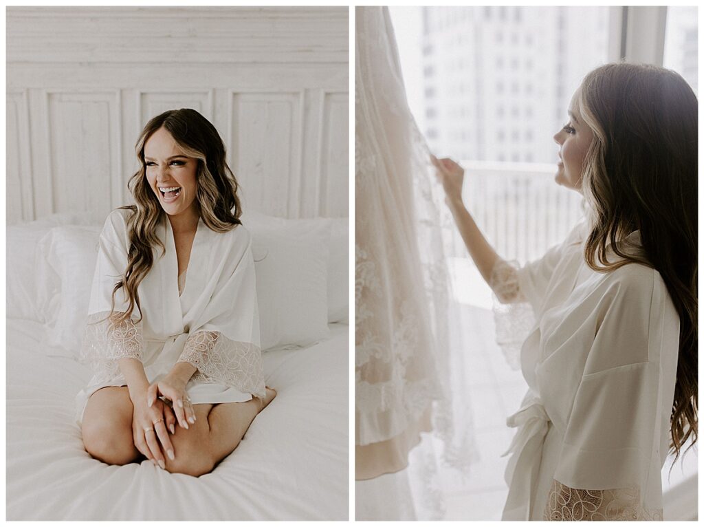 Bride on bed/bride looking at wedding gown