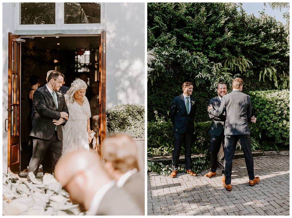 Groom walking mom out to ceremony/groomsmen high fiving groom at the altar