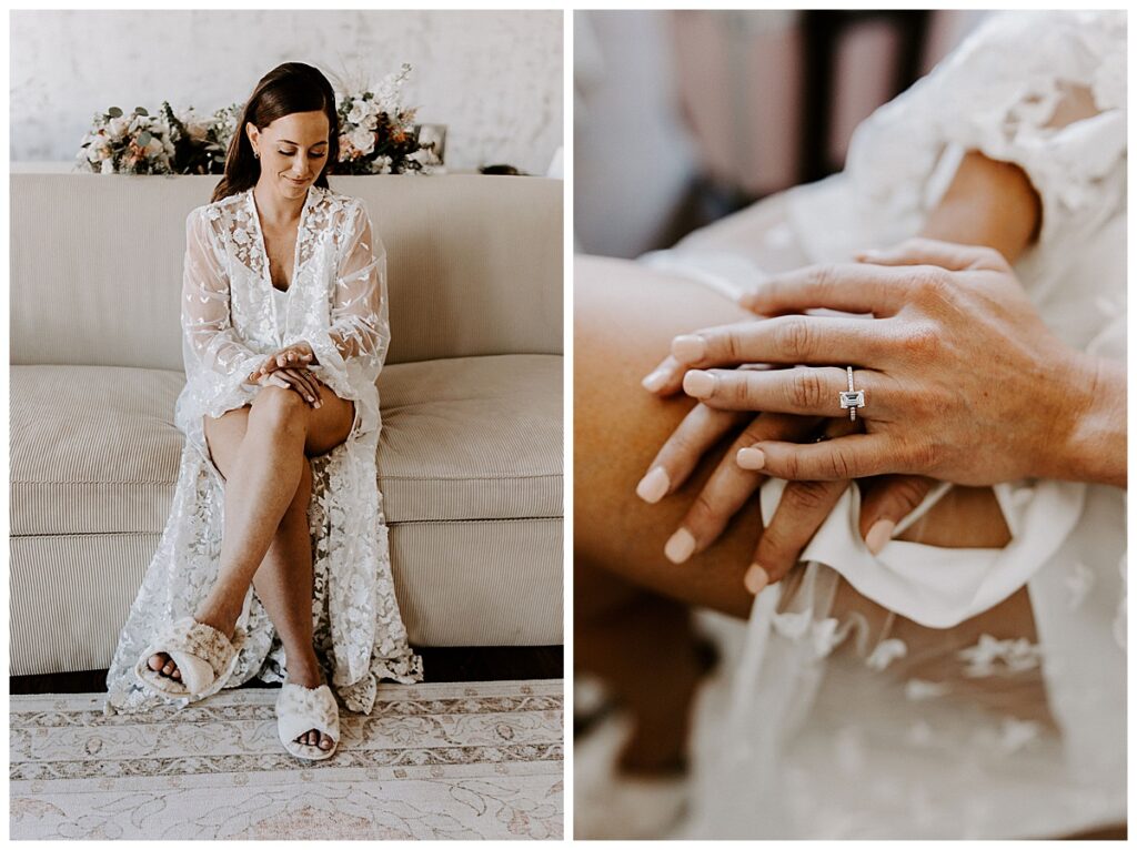 Bride sitting on couch/close up of bride's engagement ring
