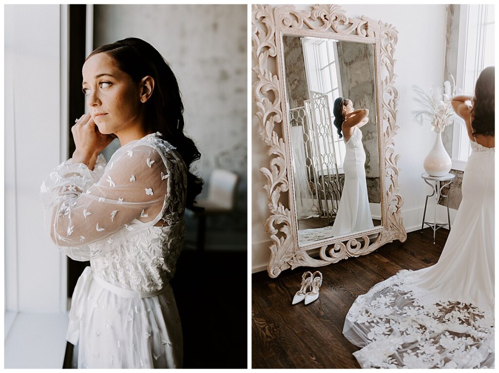 Bride putting on earrings/bride putting on dress