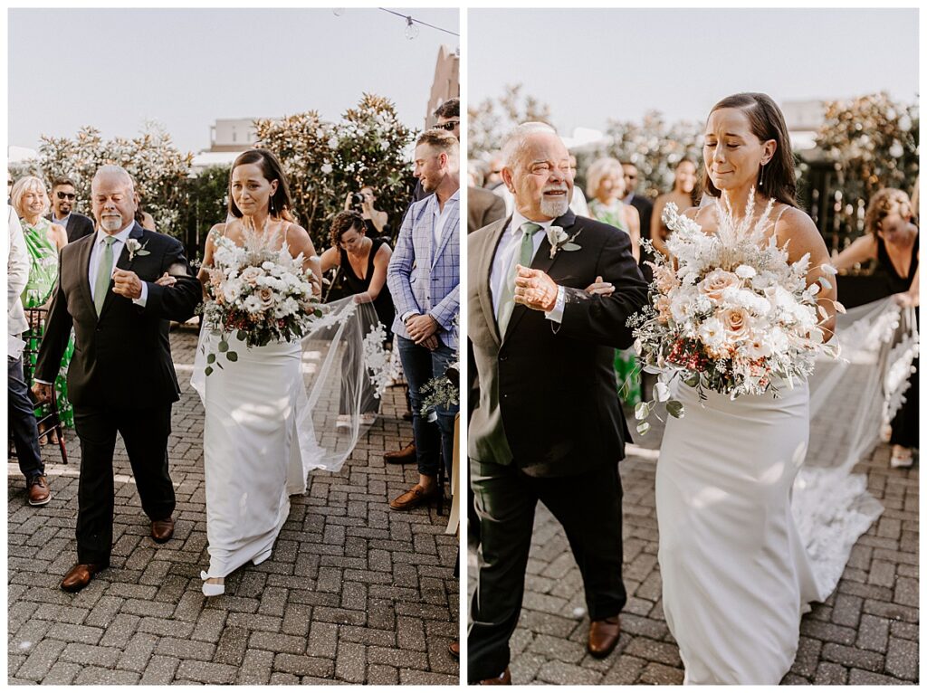 Bride and dad walking down aisle/bride crying