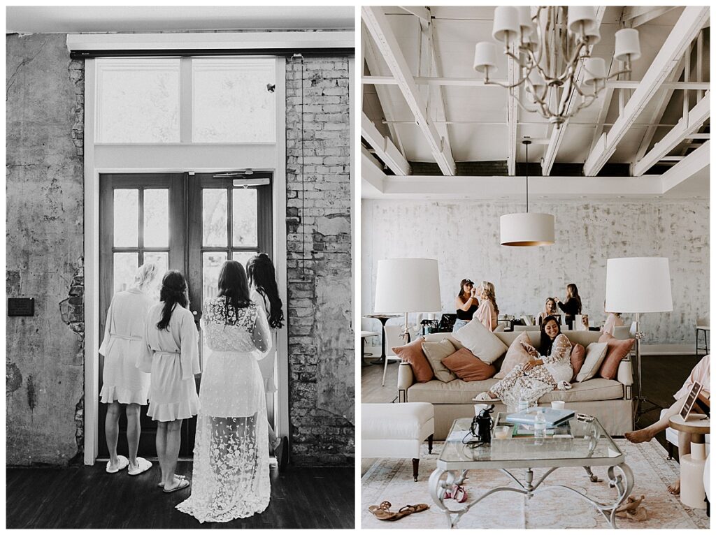 Bride and bridesmaids looking out the glass door of venue/wide shot of bride's getting ready space