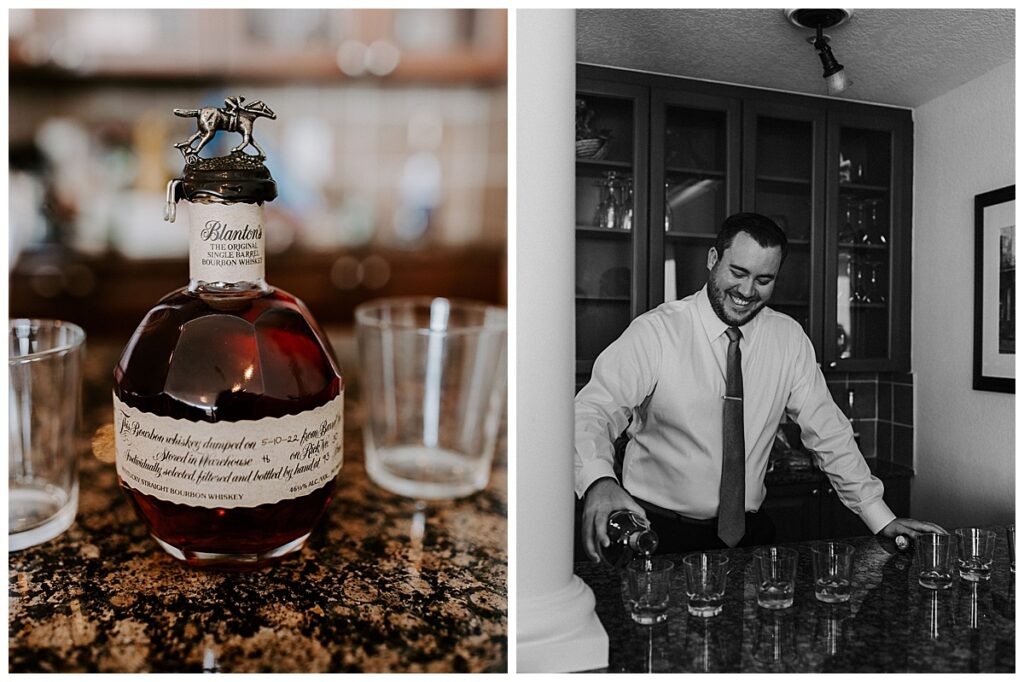 Close up of whiskey bottle/groom pouring shots for groomsmen
