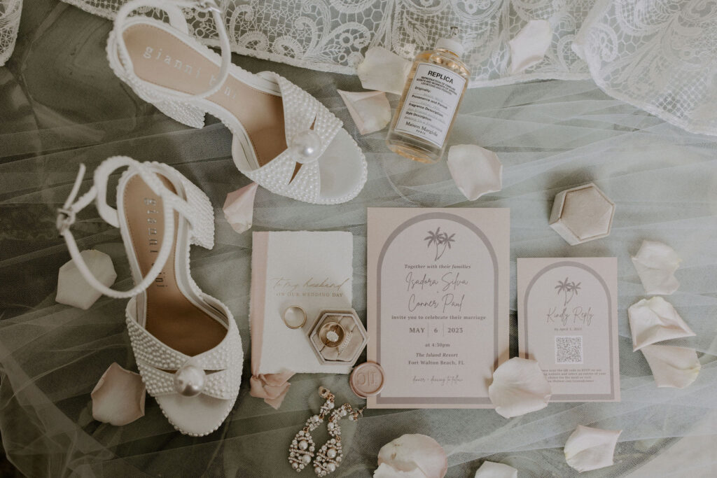 flatlay of bridal details