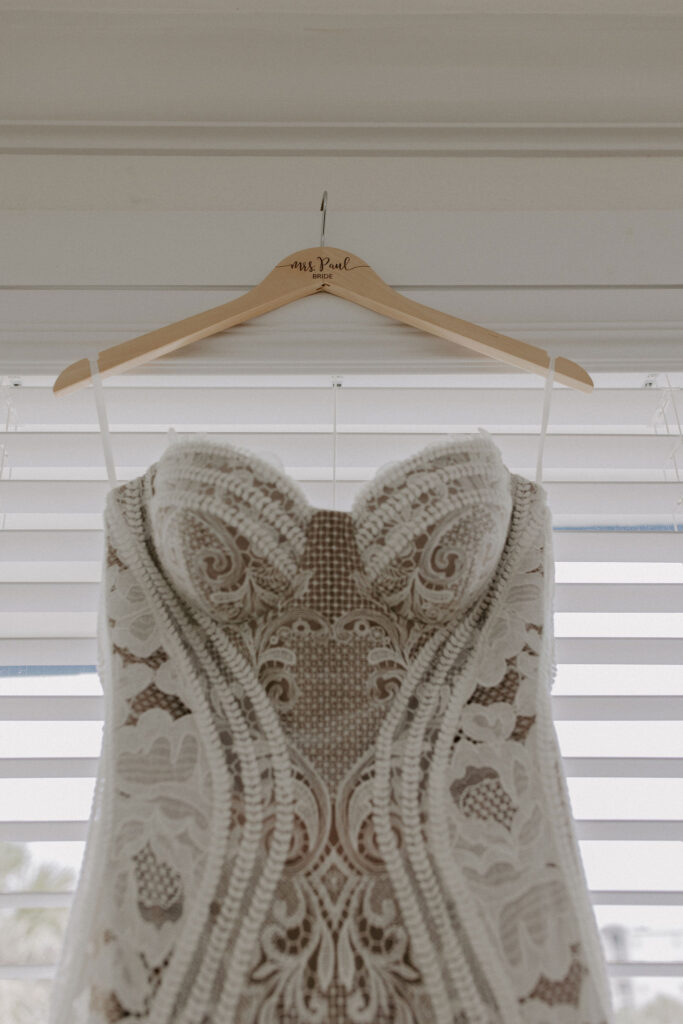 Closeup of wedding gown