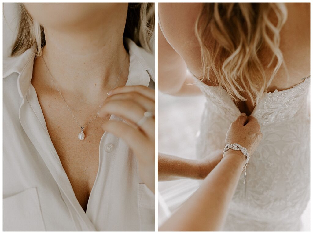Mom zipping bride's dress/closeup of bride's pearl necklace