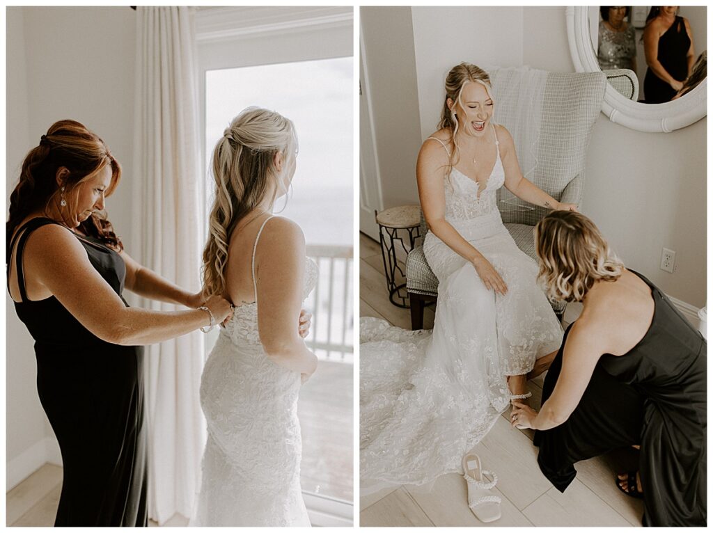 mom zipping bride's dress/friend helping bride put shoes on