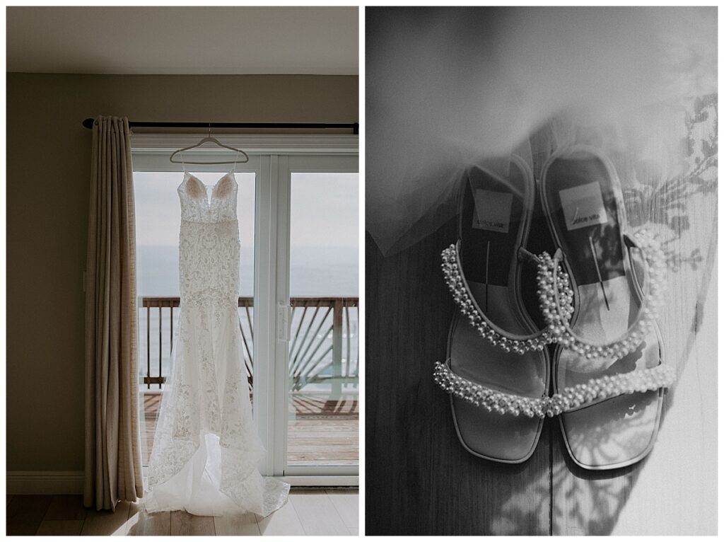 wedding dress hanging/close up of shoes