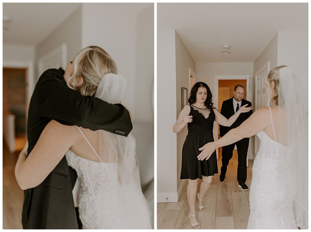 bride hugging father/first look with stepmom