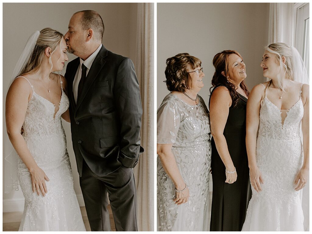 bride's dad kissing her forehead/bride with mom and grandma