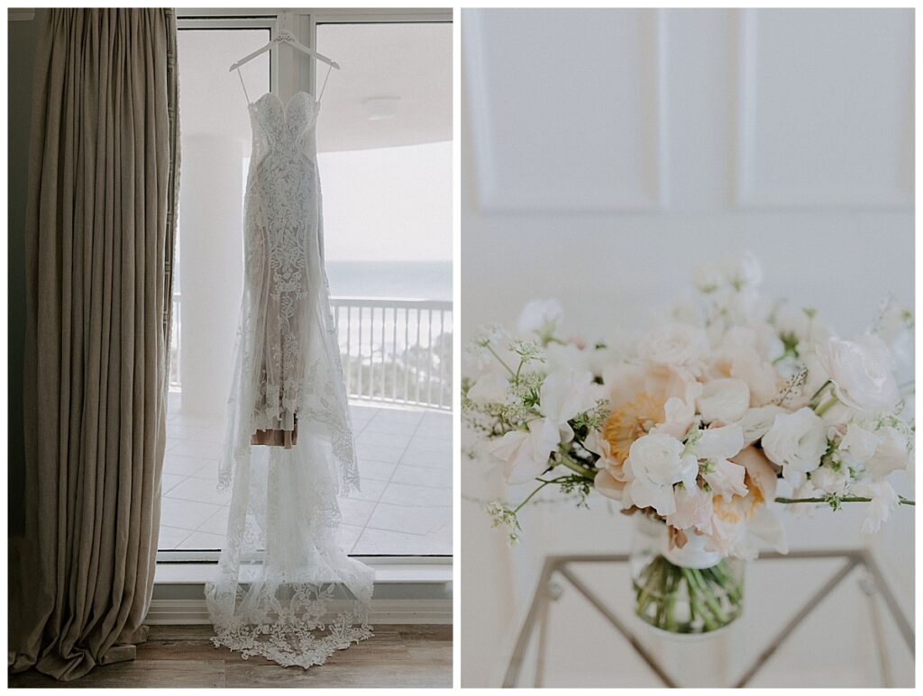 Wedding dress hanging/bridal bouquet