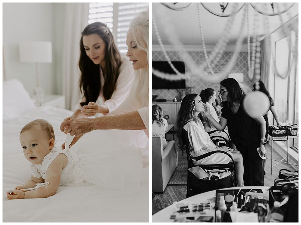 Baby on bed with mom/bride getting makeup done