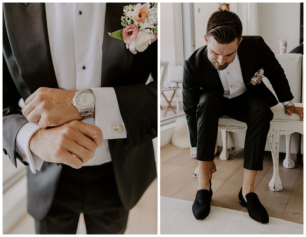 closeup of grooms watch/groom putting on shoes
