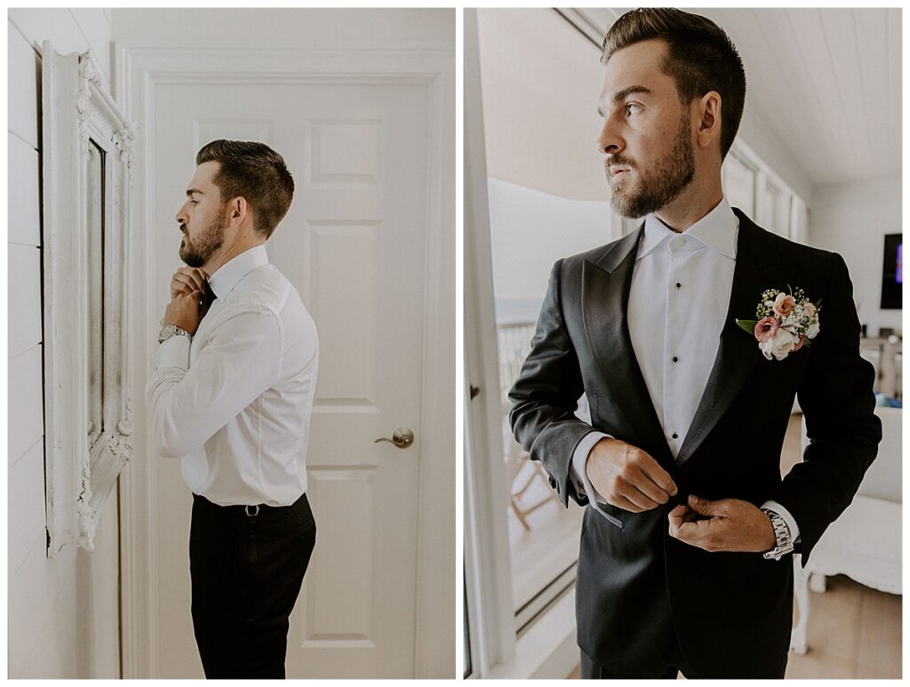 groom looking in mirror/groom buttoning tux