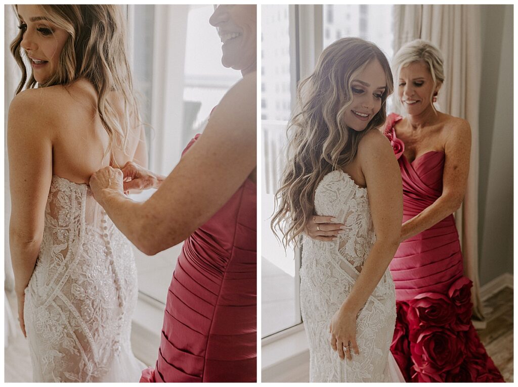Bride's mom helping her get ready