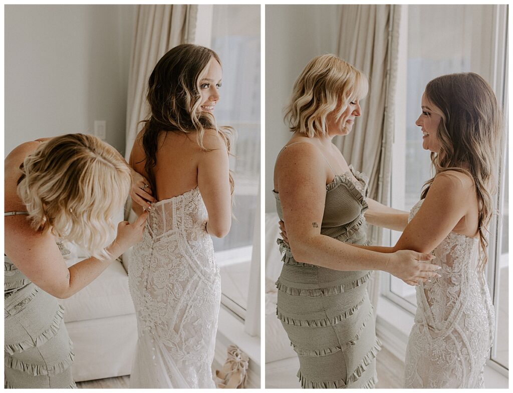 Bride and bridesmaid getting ready
