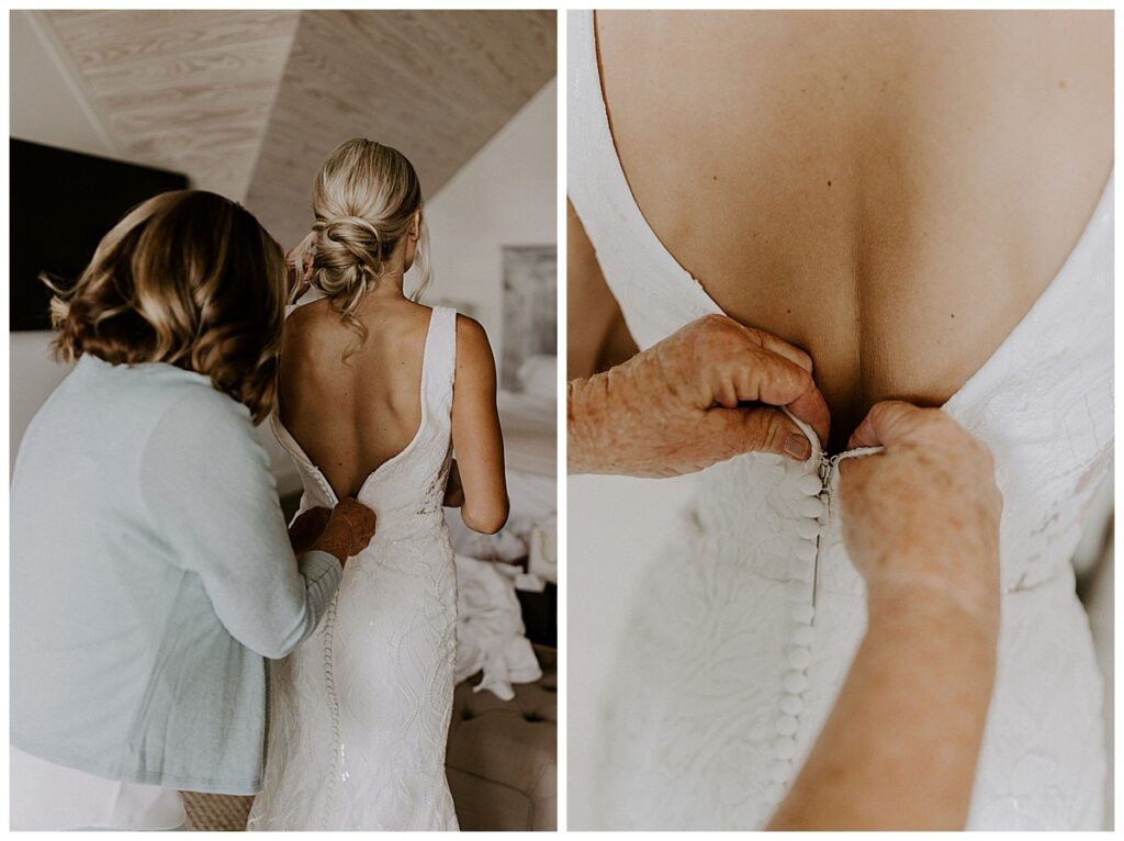 grandma helping bride into gown