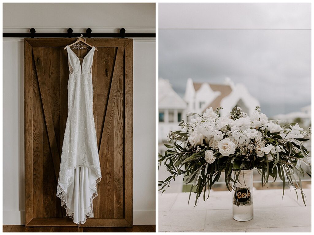 wedding gown hanging on door/bridal bouquet