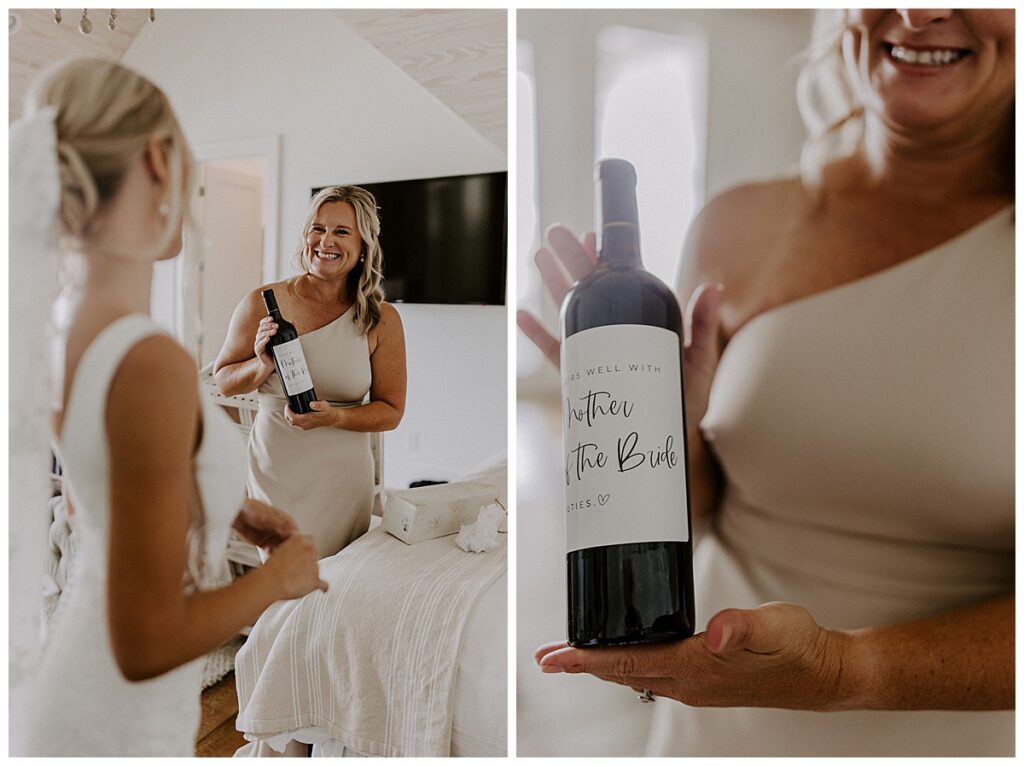 brides mom with bottle of wine