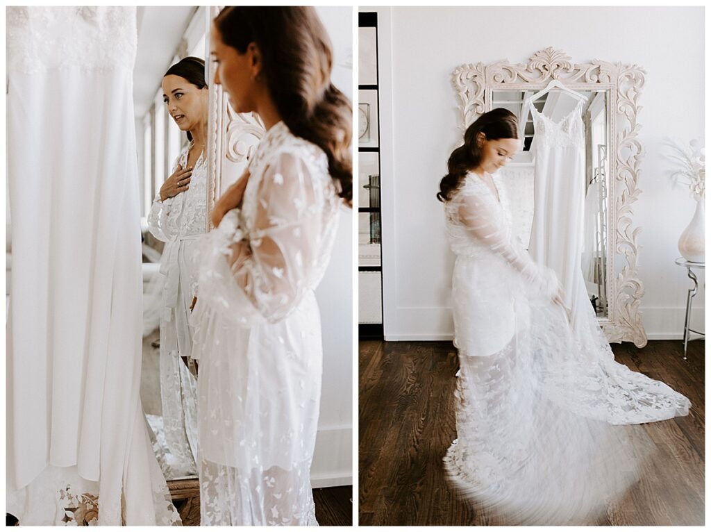 Bride looking at dress hanging on mirror