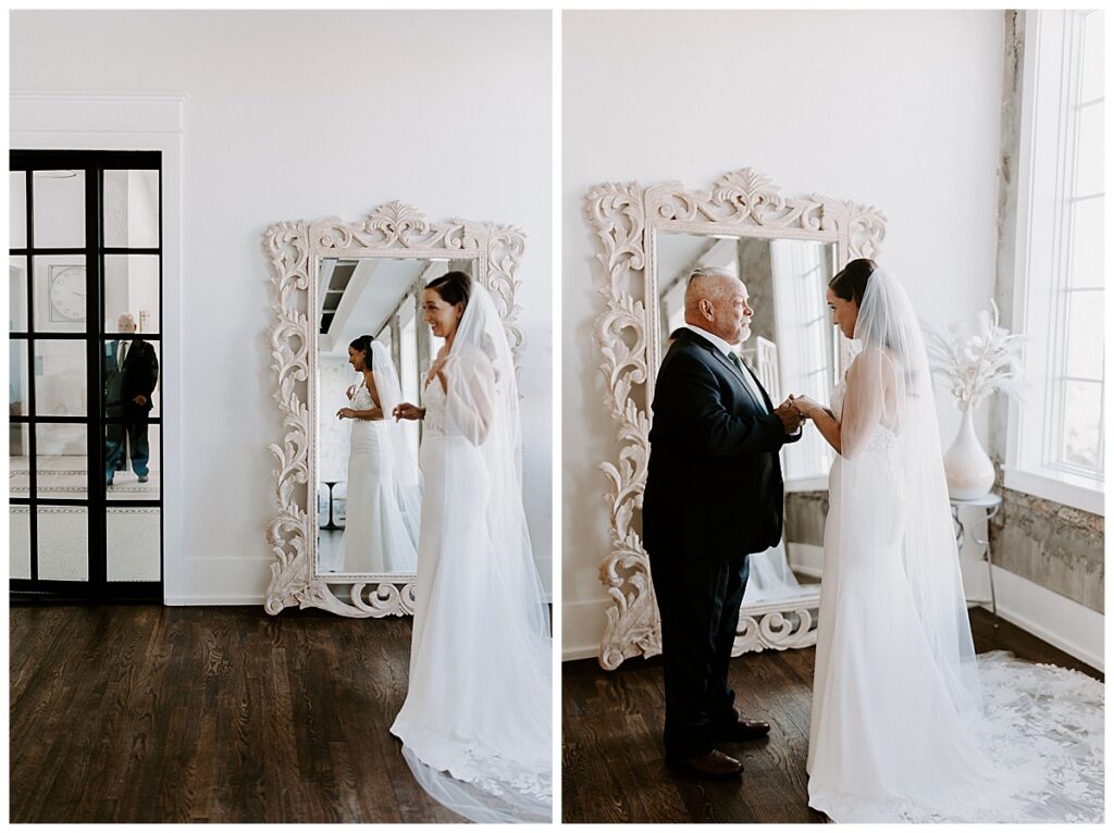 Father of bride walking in for a first look/father of bride seeing bride