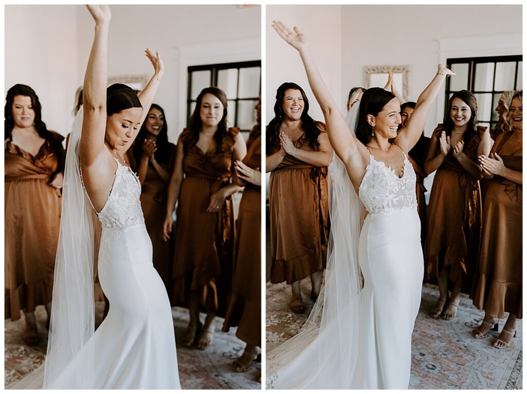 Bridesmaids surrounding bride and cheering her on