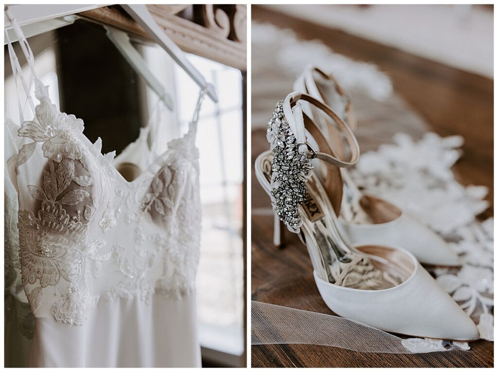 Close up of wedding dress hanging on mirror/bridal shoes with rhinestone embellishment