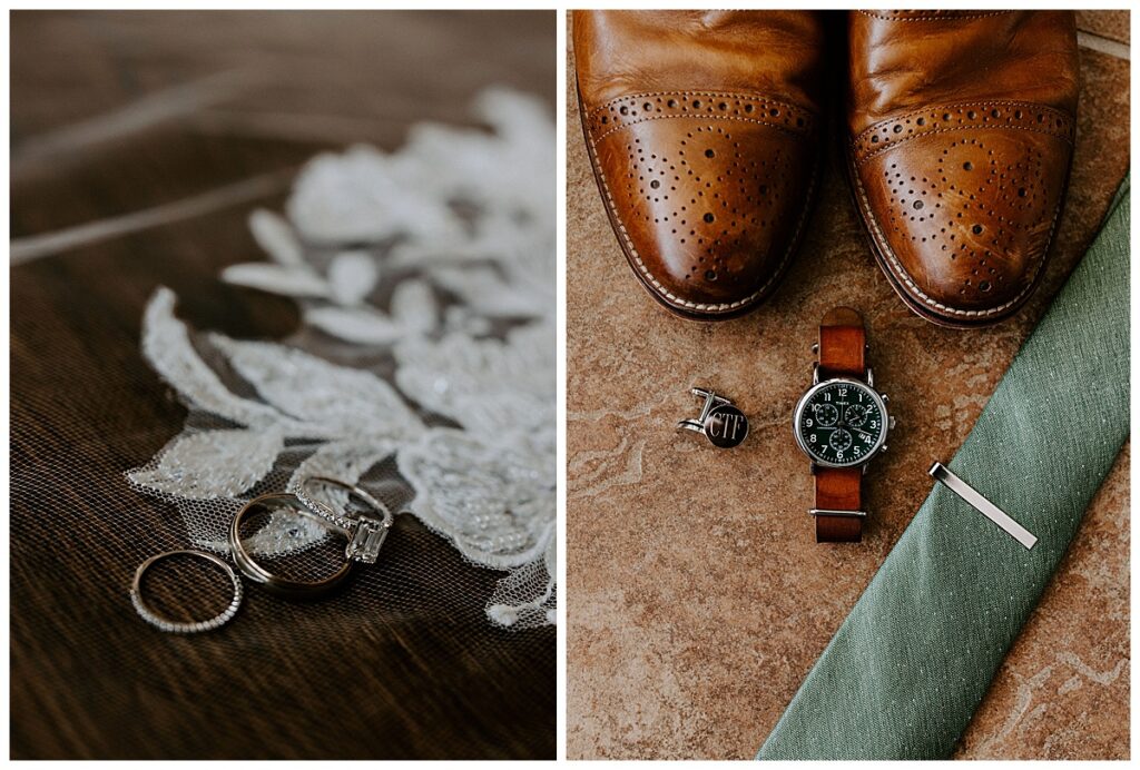 Wedding rings laying on veil/detail shot of groom's watch, cuff links, tie, and shoes