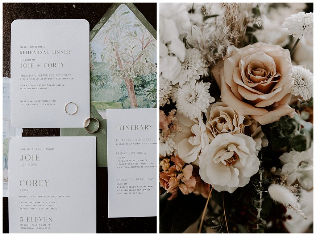 Flatlay of invitations/close up of bouquet