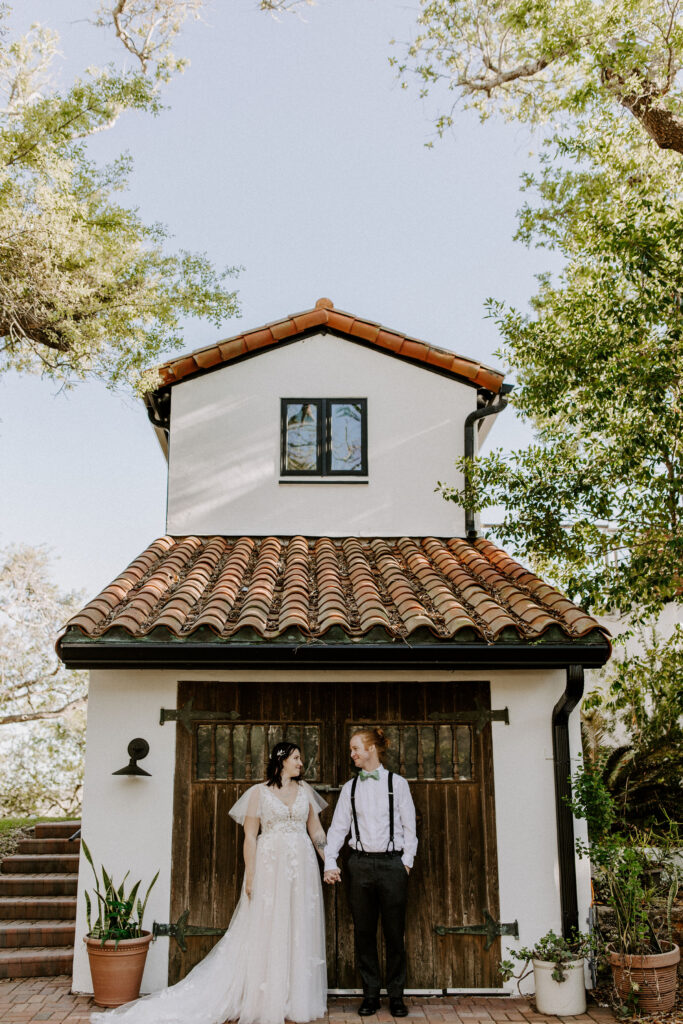 Bride and groom outside their St Augustine elopement venue